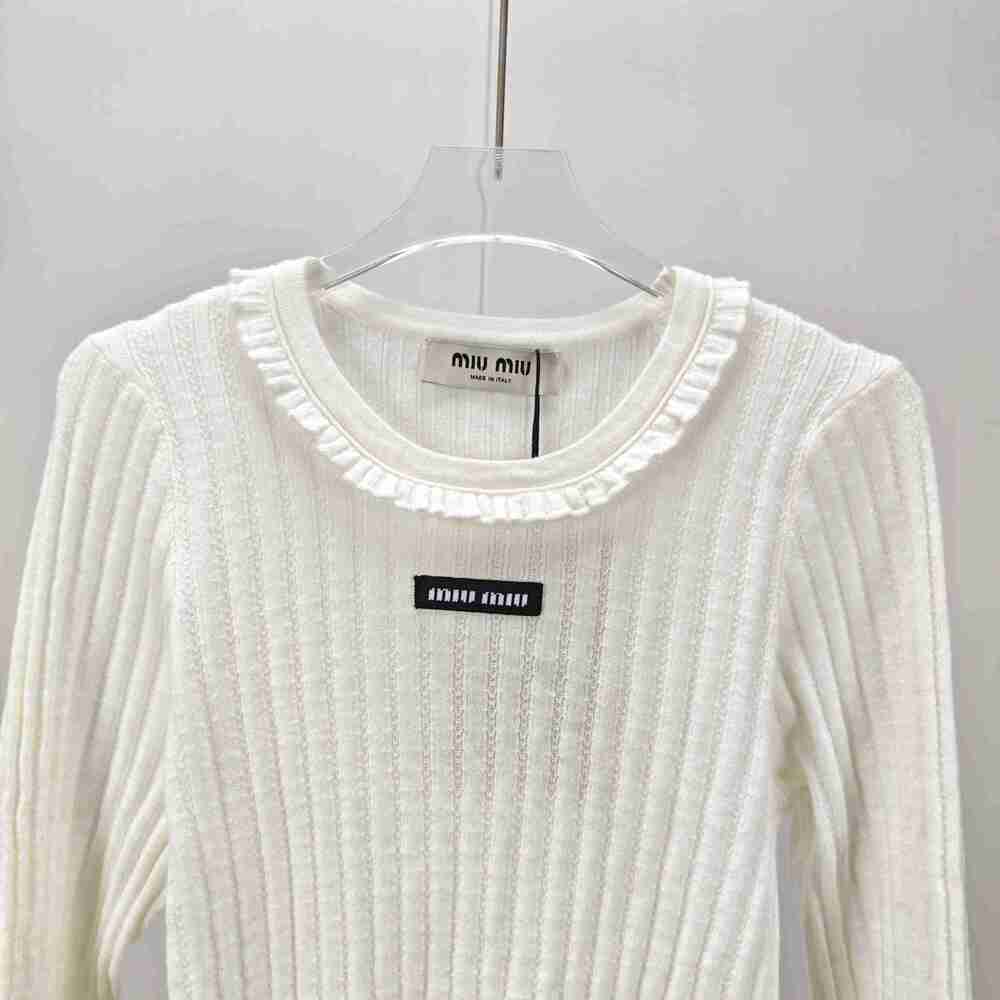 Miu Miu White Ribbed Ruffle-Trim Knit Top - Picture 3 of 9